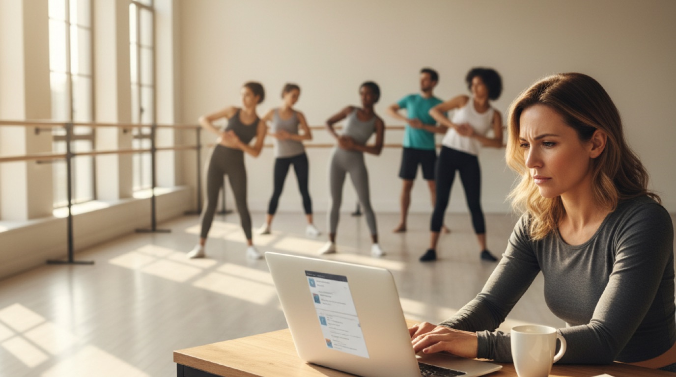 Una directora de escuela compara opciones de software en un portátil en una recepción soleada mientras una clase calienta al fondo