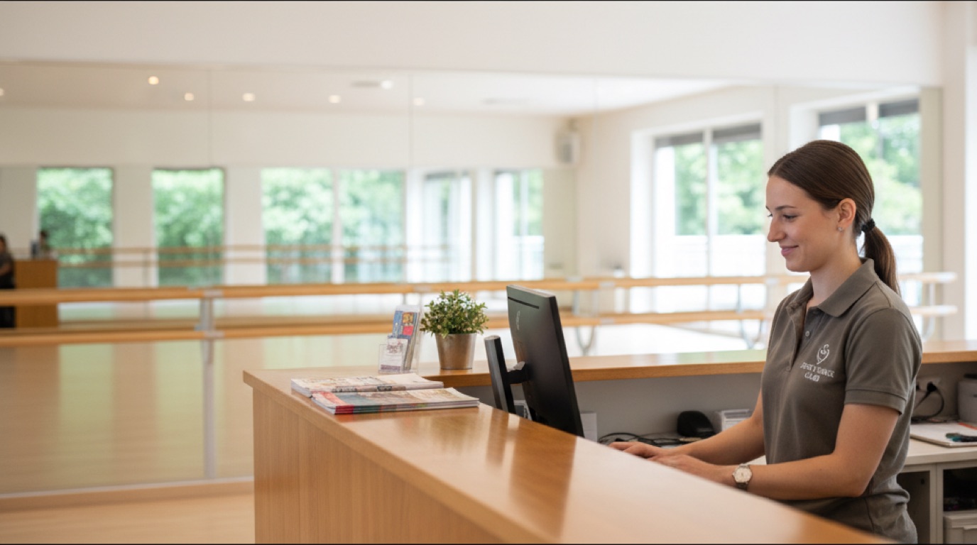 The bright reception desk of a sports club with a staff member at a computer, mirrors and a barre in the background
