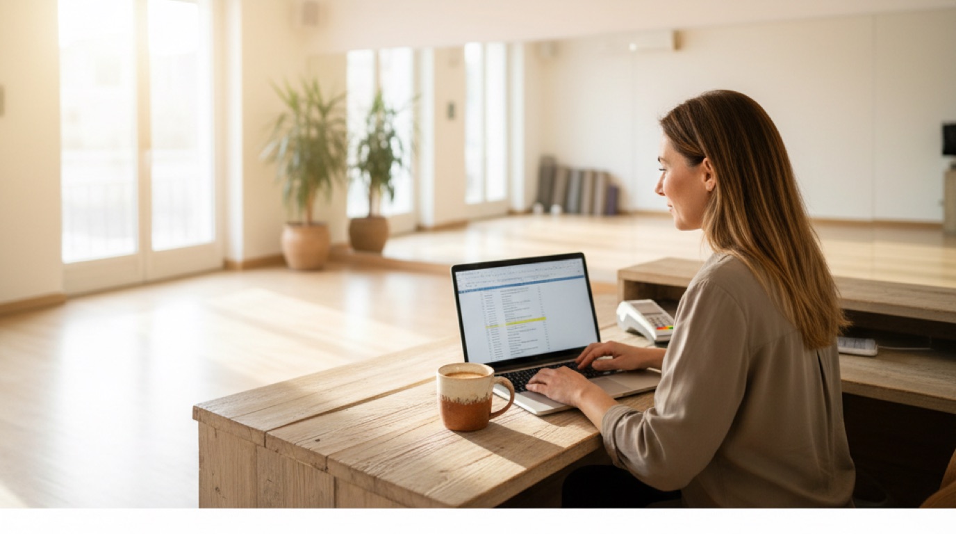 Una amministratrice controlla le fatture sul portatile in una reception luminosa con un caffè accanto alla tastiera