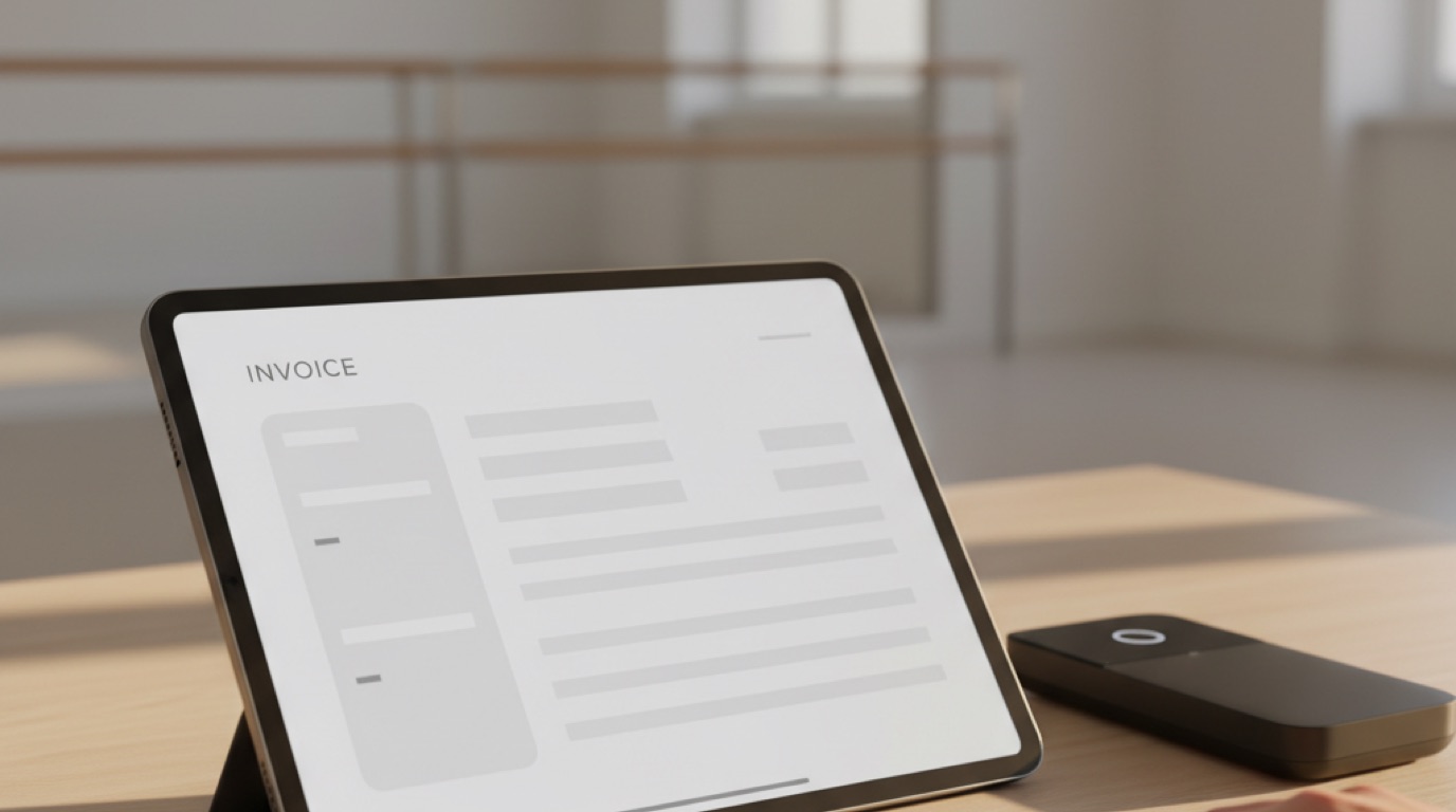 Primo piano di un tablet sul banco dello studio che mostra una fattura digitale pulita accanto a un POS