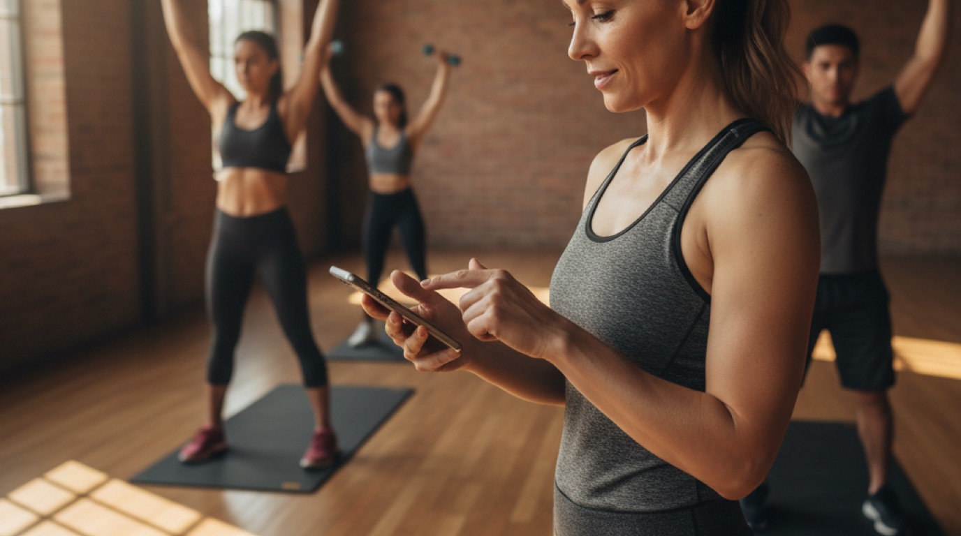 A coach holding a phone marks attendance for a member during a small-group strength class in a sunlit studio