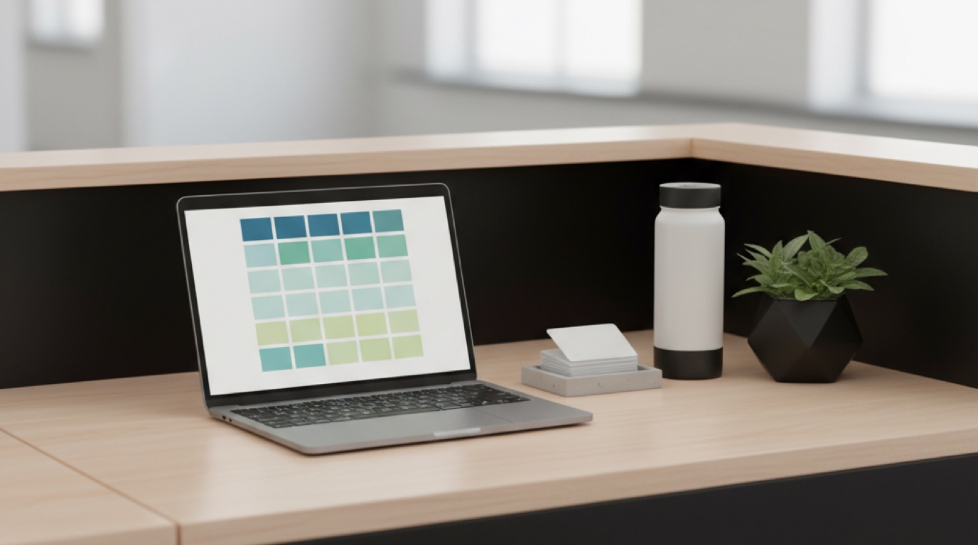 A tidy studio front desk with a laptop showing a clean weekly class timetable and membership balances