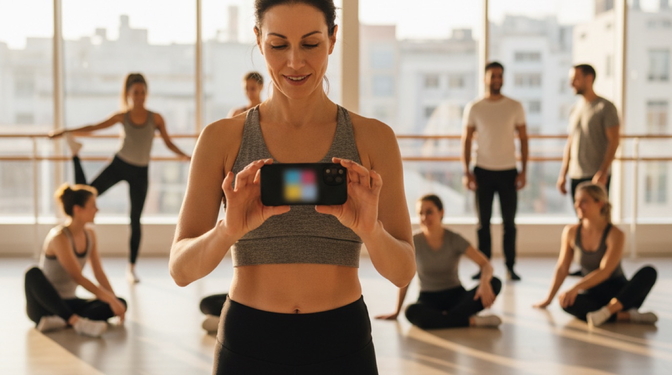 A dance teacher tapping names on a phone to mark attendance at the front of a bright studio