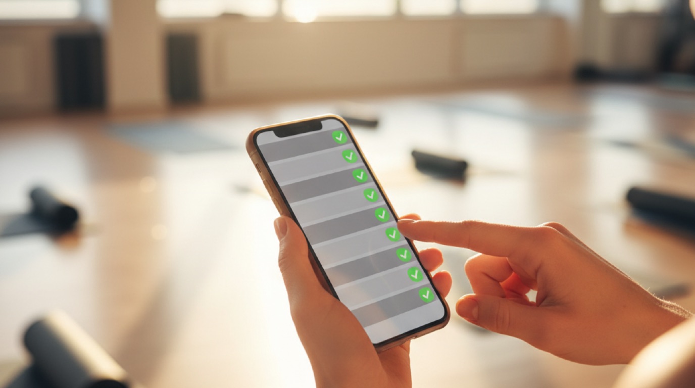 A teacher's hands holding a phone, tapping a green check next to a student's name on a class roster