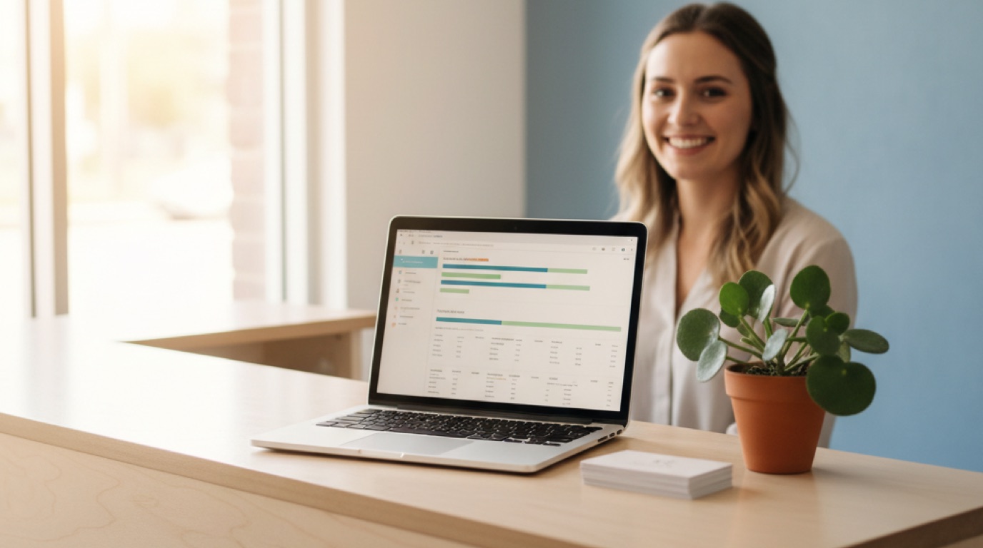 A tidy front desk with a laptop showing a clean attendance dashboard beside a small stack of class-pass cards