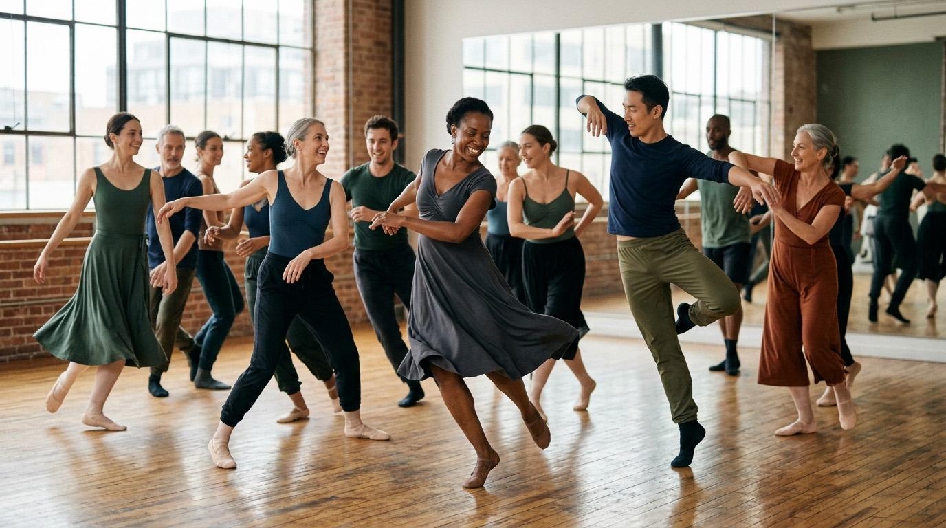 Una clase de baile en grupo para adultos en pleno movimiento en un estudio luminoso