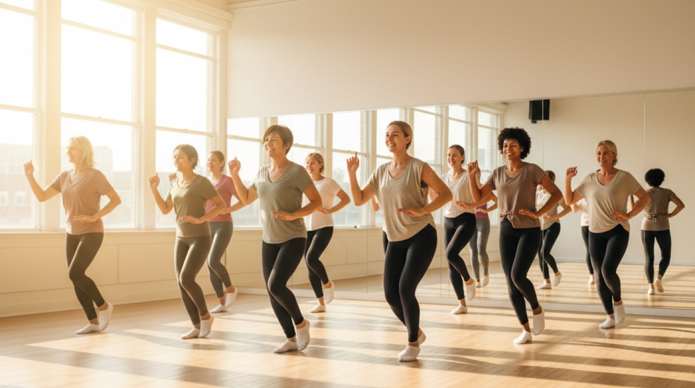 A bright dance studio with a full class mid-session and one empty spot near the mirror