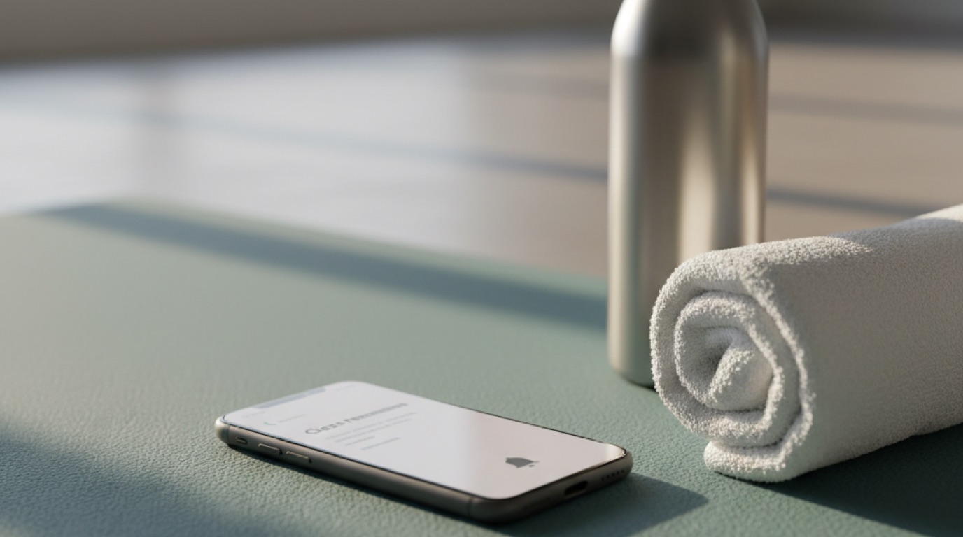 A smartphone on a yoga mat showing a class reminder, with a rolled towel and water bottle beside it