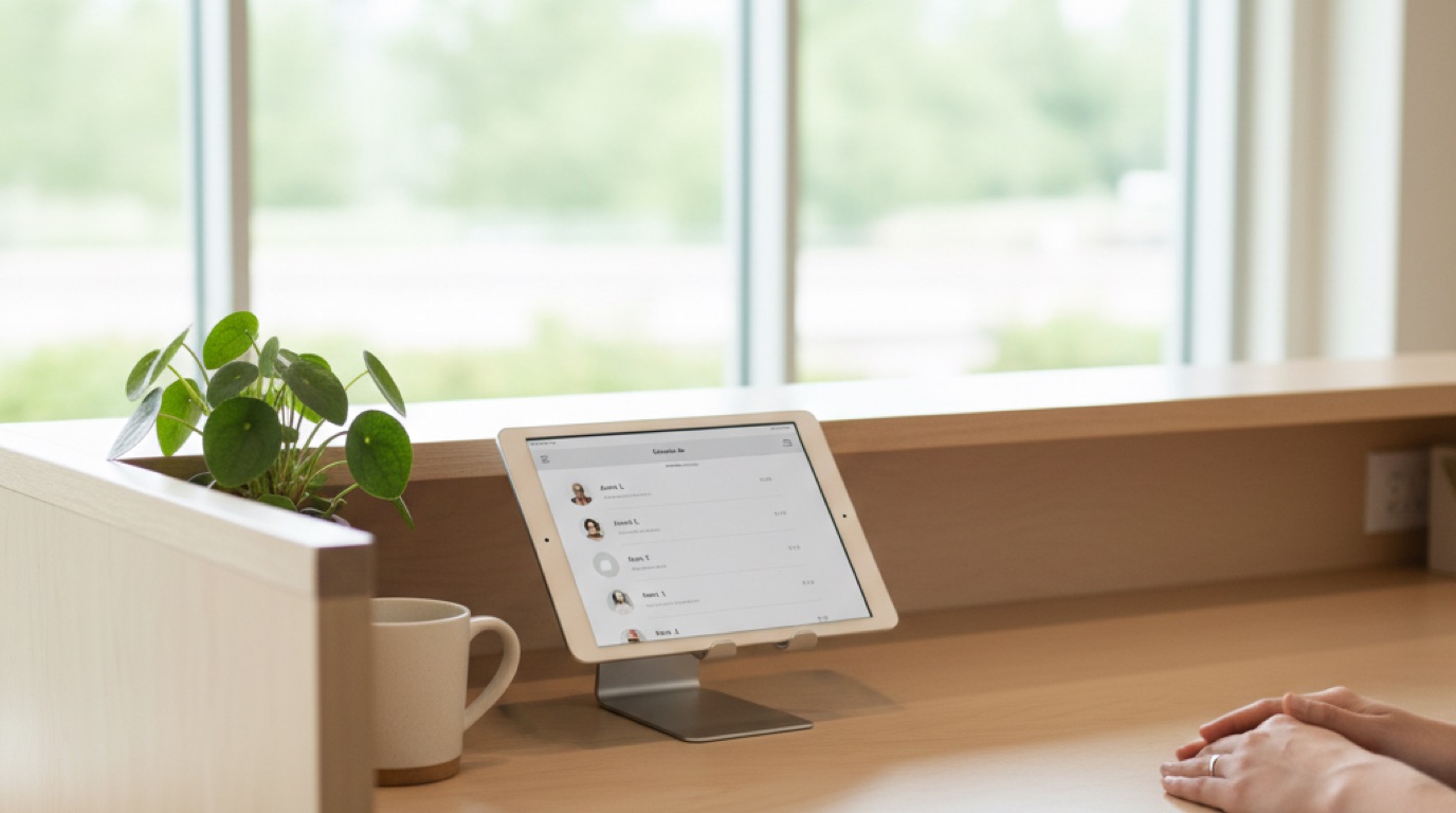 A studio front desk with a tablet showing a full class roster and a short waitlist beside a coffee cup