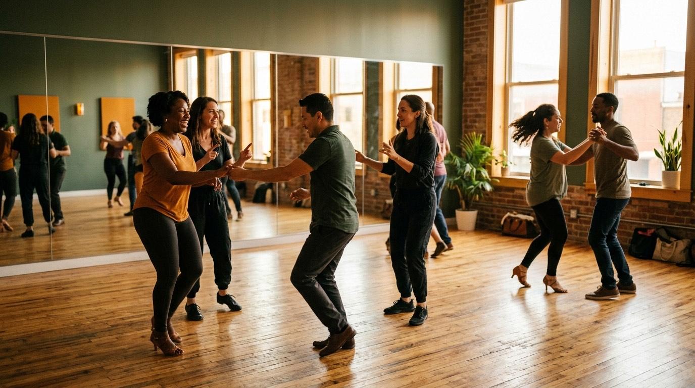 Adultos practicando salsa en un estudio de baile luminoso con suelo de madera y pared de espejos