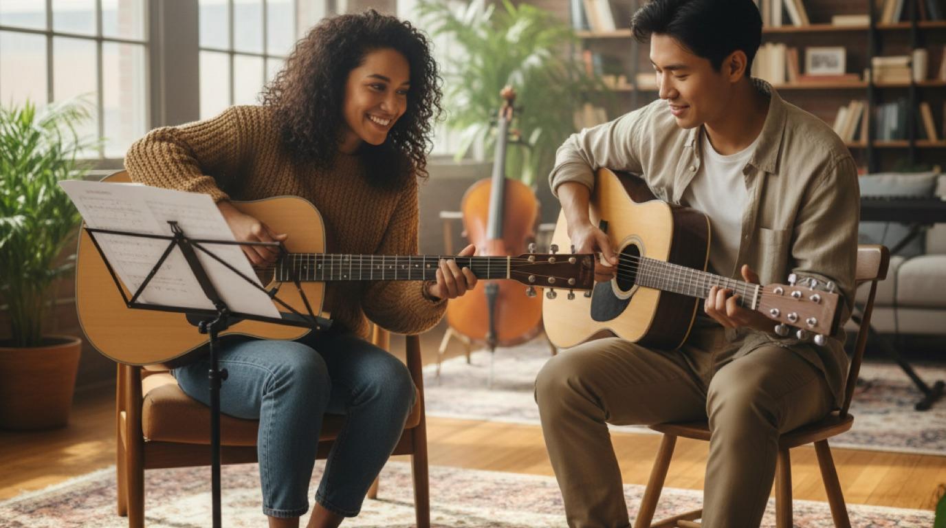 Una profesora de música guiando a un grupo pequeño de alumnos con piano, guitarra y violín en un aula luminosa