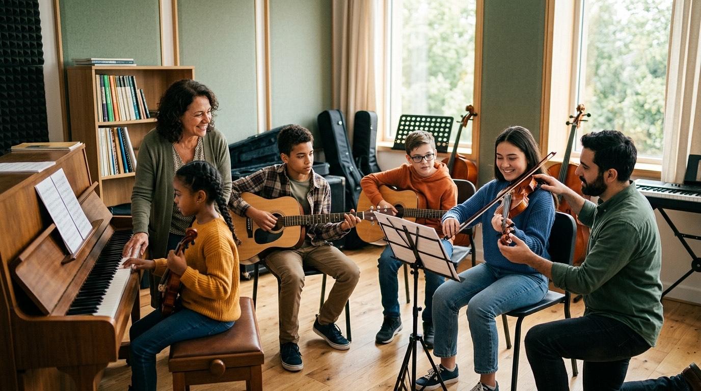 Una profesora de música guiando a un grupo pequeño de alumnos con piano, guitarra y violín en un aula luminosa
