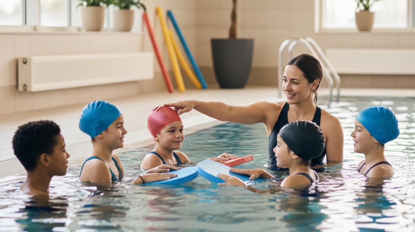 Un monitor de natación a pie de piscina guiando a un pequeño grupo de adultos dentro del agua en una piscina cubierta