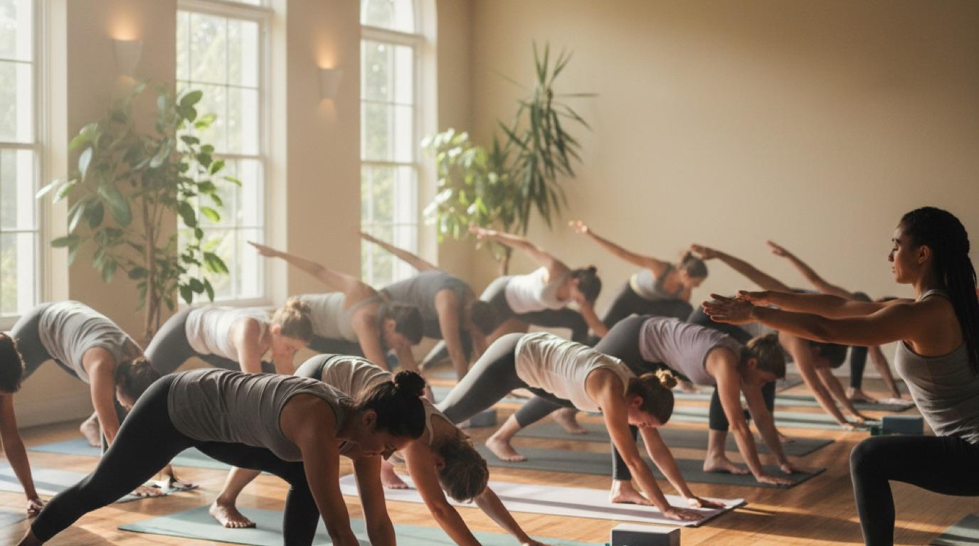 Una profesora de yoga guiando a un grupo pequeño de adultos sobre esterillas en una postura suave en un estudio luminoso