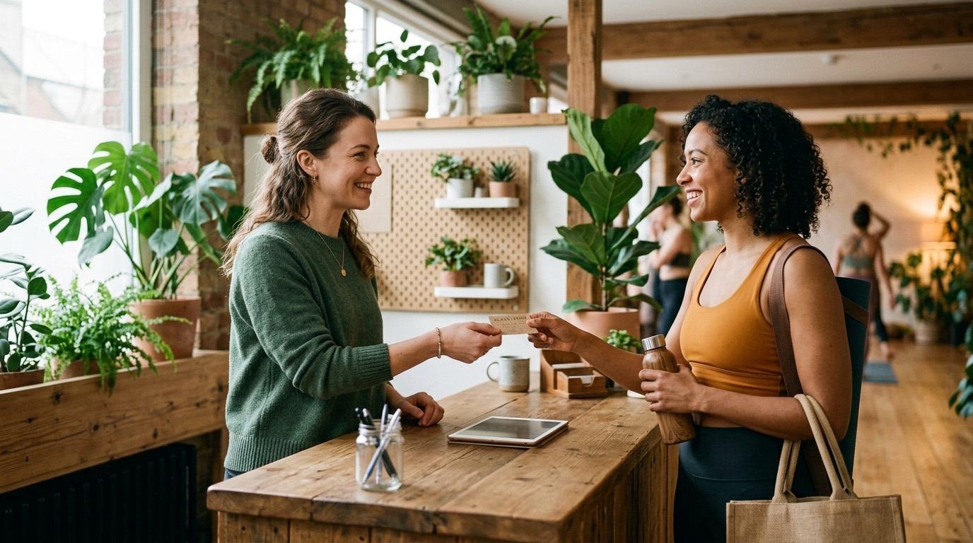 A studio receptionist handing a class-pass card to a smiling student at a wooden front desk