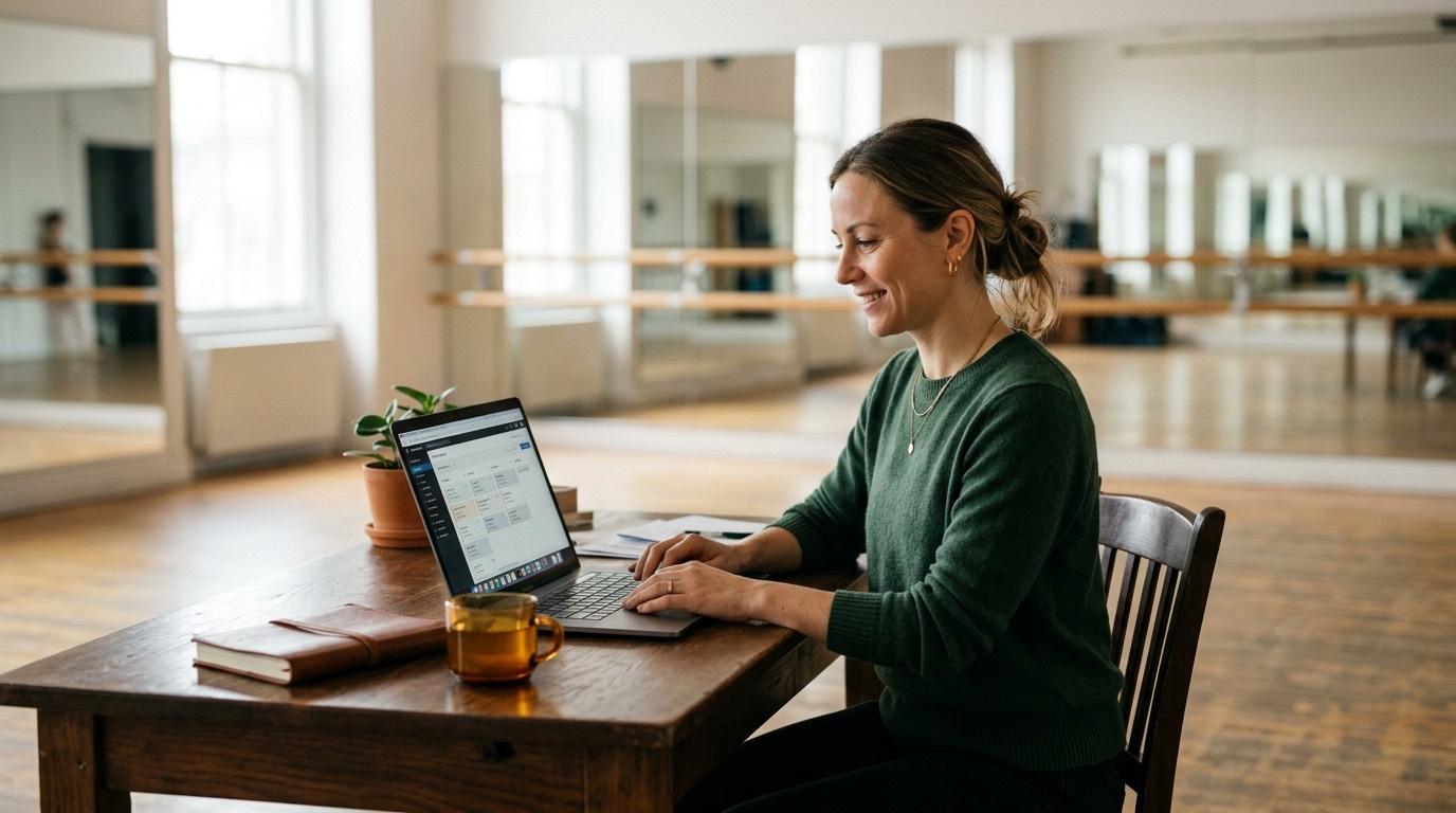 A dance school owner working on a laptop at a desk inside a bright studio with mirrors and a barre