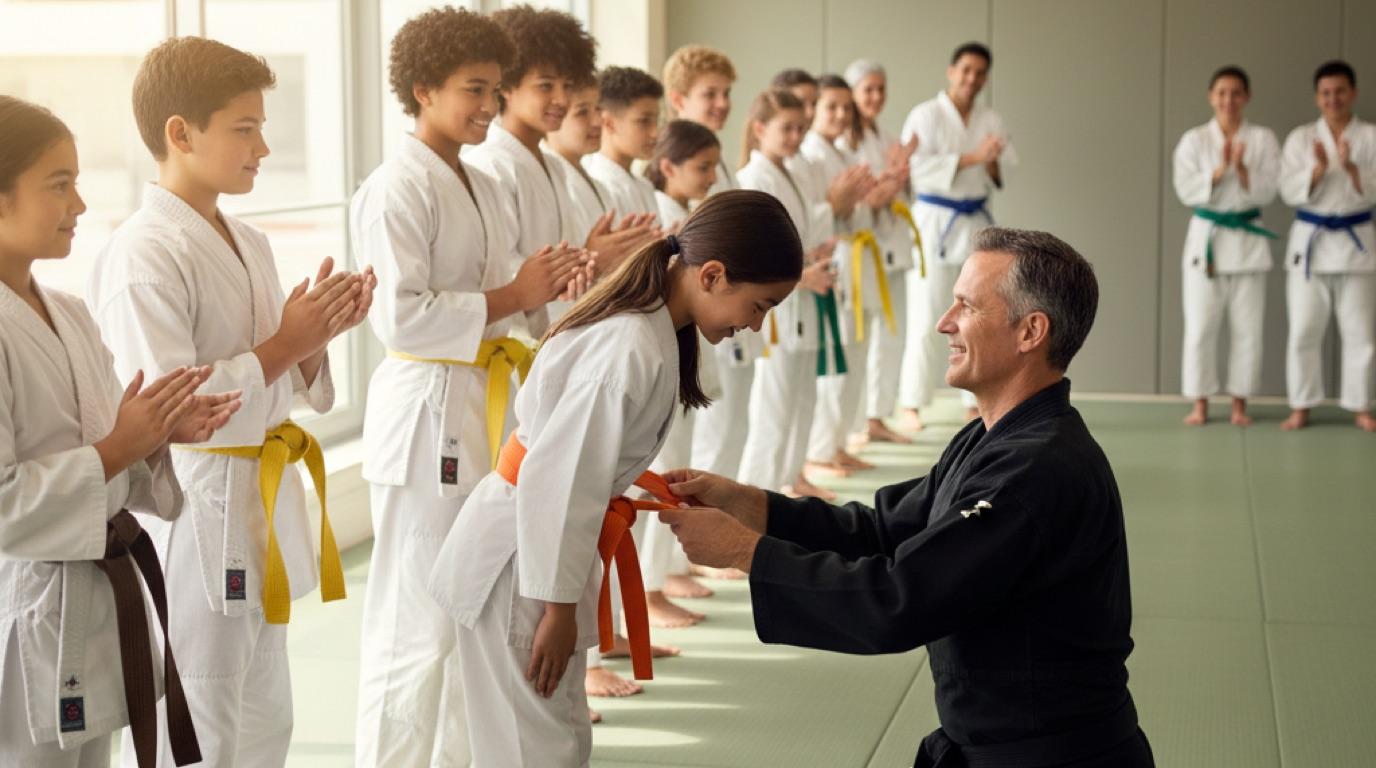 Ein Kampfsport-Trainer in einem Dojo leitet erwachsene Schüler im Gi durch eine Technik auf der Tatami-Matte