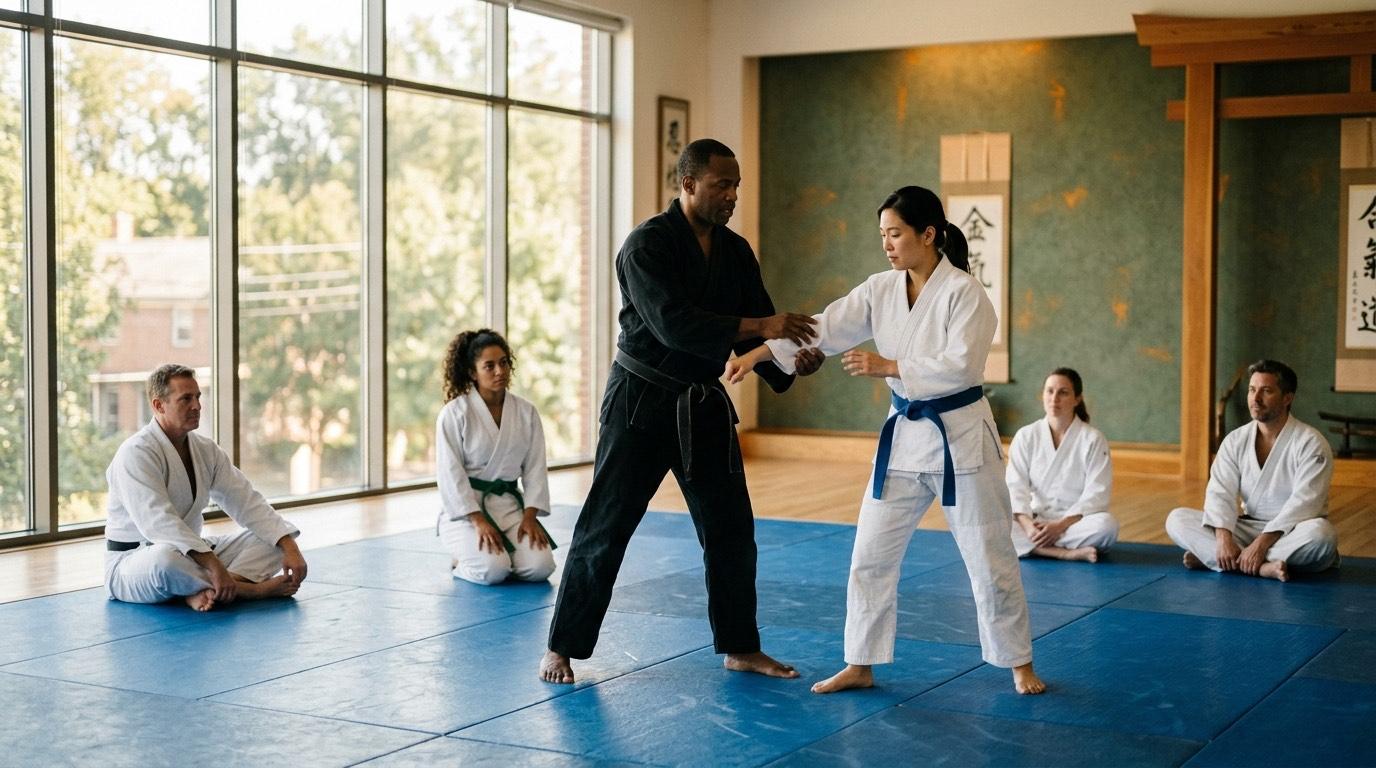 Ein Kampfsport-Trainer in einem Dojo leitet erwachsene Schüler im Gi durch eine Technik auf der Tatami-Matte